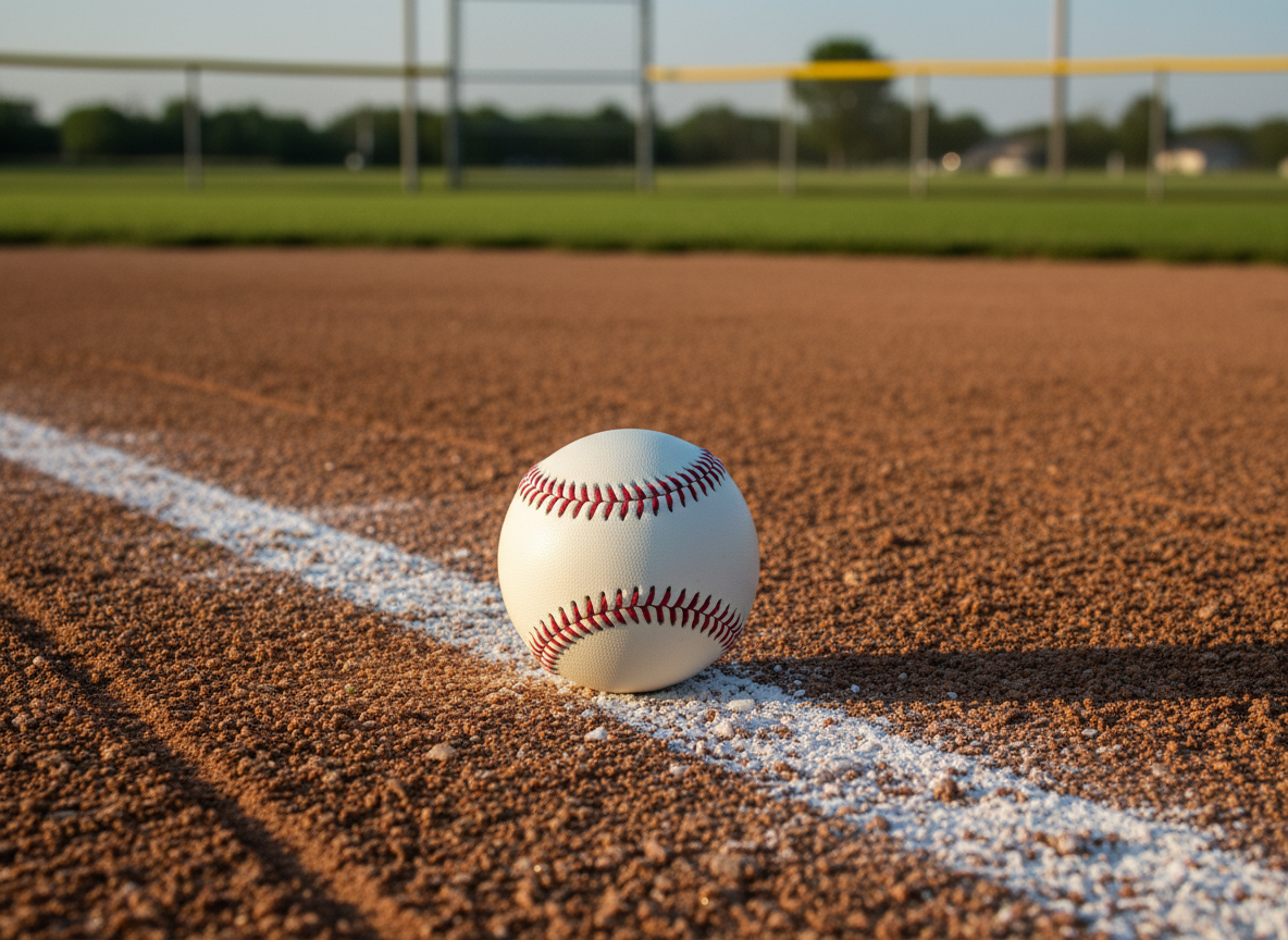 A vibrant baseball scene focused on a pristine white baseball, seams a deep, stitched red, lying just inside the chalked foul line on a groomed infield in Webster City, Iowa. The infield dirt shows carefully raked patterns with small pebbles catching the light, while the sharp white chalk line cuts diagonally through the frame. Beyond, the lush green outfield and simple chain-link backstop fade into soft blur. Late-afternoon sunlight creates warm highlights on the ball and subtle shadows in the dirt contours. Shot from an ultra-low, ground-level perspective with photographic realism, the composition emphasizes texture, contrast, and the quiet, tense moment before a crucial pitch in a local competitive game.