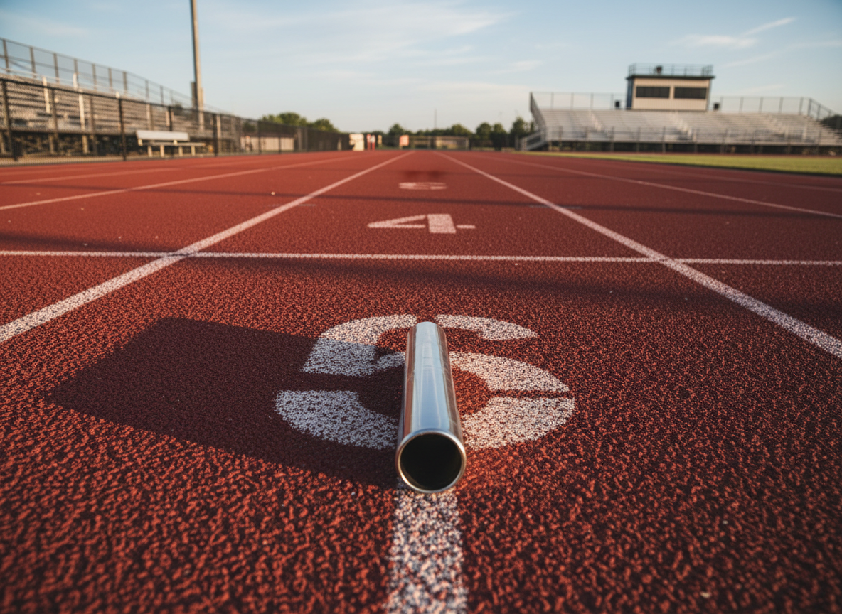 A dramatic track-and-field relay moment captured without athletes, showing a gleaming metallic relay baton resting precisely on the lane marker of a red synthetic track in Webster City, Iowa. The baton’s polished surface reflects subtle hints of the blue sky and surrounding stadium environment. White lane numbers and lines converge toward the horizon, where simple bleachers and a small press box blur into the background. Late-afternoon sun casts long shadows that stretch diagonally across the lanes, enhancing depth and direction. Photographic realism with a low, leading-line composition communicates speed, teamwork, and the split-second transitions central to professional relay racing.
