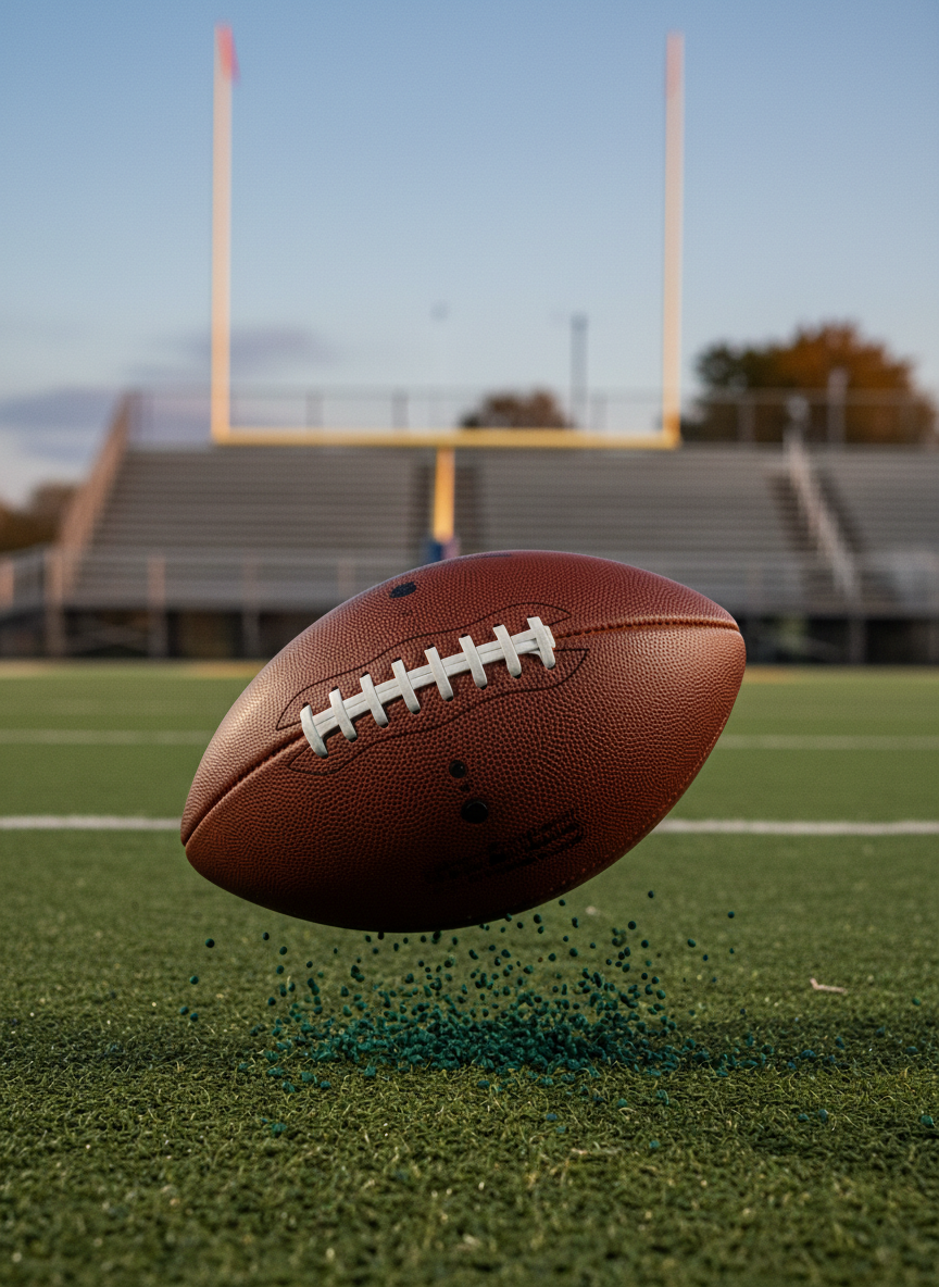 A pristine, high-end football resting on the bright green artificial turf of a small-town stadium in Webster City, Iowa, captured in mid-bounce as if just punted. Individual pebbled leather textures, crisp white laces, and faint scuff marks are clearly visible. The blurred background shows goalposts and metal bleachers, with a cool autumn evening sky glowing in soft, diffused stadium lights. Photographic realism with a low-angle, shallow depth-of-field composition places the ball in sharp focus in the lower third, while motion blur in tiny rubber pellets conveys speed and impact. The mood is intense and anticipatory, evoking the moments before a pivotal play in a high school or small college game.