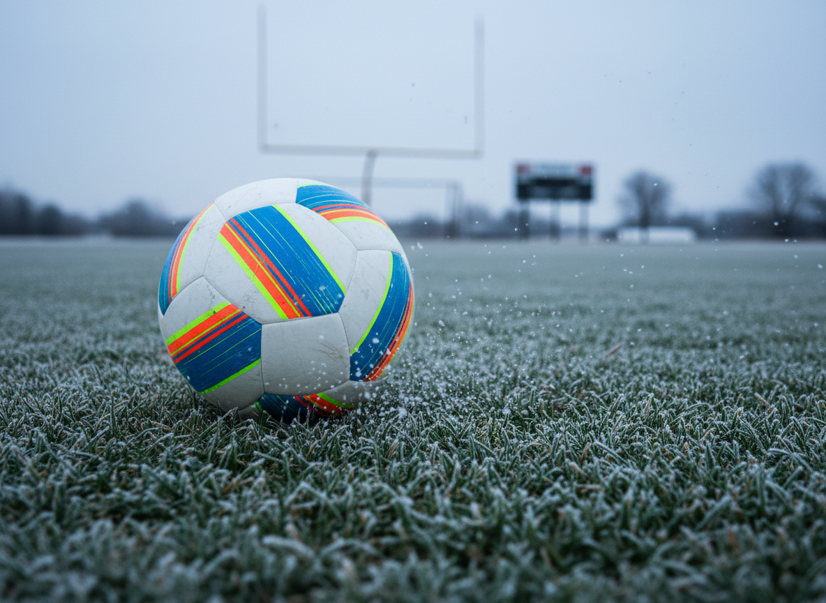 A powerful winter sports moment featuring a bright, neon-striped soccer ball sliding across a frosty grass field in Webster City, Iowa, with tiny ice crystals kicked up into the cold air. The ball’s glossy surface reflects the pale, overcast sky, while blades of grass beneath show a mix of green and icy white. Distant goalposts and a modest scoreboard stand blurred in the background. Soft, diffused natural light creates a cool, subdued palette, enhancing the crispness of the frost and the sheen of the ball. Photographic realism with a panning-style composition suggests motion, capturing the intensity and grit of playing through harsh Midwestern conditions in a competitive match.