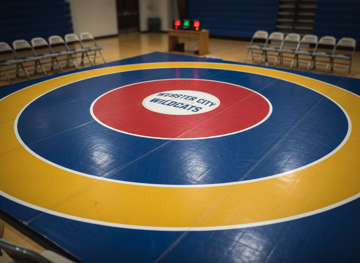An action-packed wrestling detail image inside a high school gym in Webster City, Iowa, focused tightly on a bright, circular wrestling mat with bold contrasting colors and a perfectly defined center circle. The vinyl surface shows subtle wrinkles, mat-burn marks, and a faint sheen from overhead lights. Around the mat, blurred outlines of empty folding chairs and a simple scoring table recede into soft bokeh. Strong, overhead gym lighting creates crisp highlights and defined shadows that emphasize the mat’s contours and texture. Photographic realism with a slightly elevated, diagonal composition conveys intensity, discipline, and the professional edge of competitive wrestling in a small-town arena.