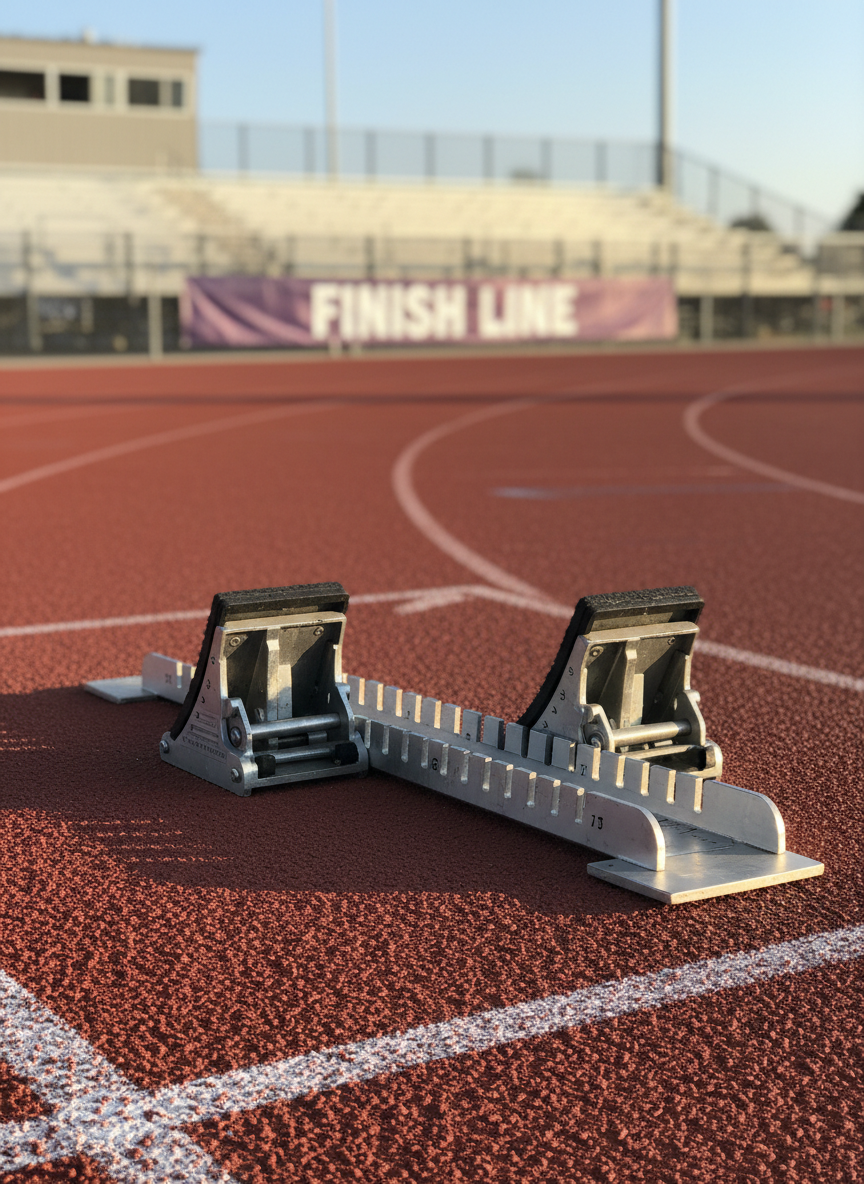 A pair of sleek, carbon-fiber track starting blocks anchored into a textured red running track at a Webster City, Iowa, stadium, captured in dramatic close-up. The rough granules of the track surface contrast with the brushed metal of the adjustable footplates, etched with tiny adjustment markings and subtle wear. In the distance, blurred lane lines converge toward an out-of-focus finish line banner and simple metal bleachers. Golden hour sunlight skims low across the scene from camera left, creating rim lighting on the blocks and long, directional shadows that accentuate depth. Photographic realism with a wide-aperture, rule-of-thirds composition conveys focus, tension, and readiness at the starting line of a competitive sprint.