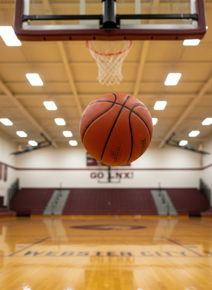 A gleaming orange basketball spinning in mid-air above a polished hardwood gym floor in Webster City, Iowa, perfectly frozen at the peak of its arc toward a glass backboard and breakaway rim. Every channel and pebble texture of the ball is rendered in sharp detail, with faint smudges from frequent use. Overhead sodium-vapor lights cast bright, even illumination, reflecting as soft streaks on the lacquered floor. The background bleachers, painted in muted school colors, fall into creamy bokeh. Shot from a low, courtside angle for a dynamic, professional sports-photography feel, the composition emphasizes motion, precision, and the split-second drama of a clutch shot in a small-town gym.
